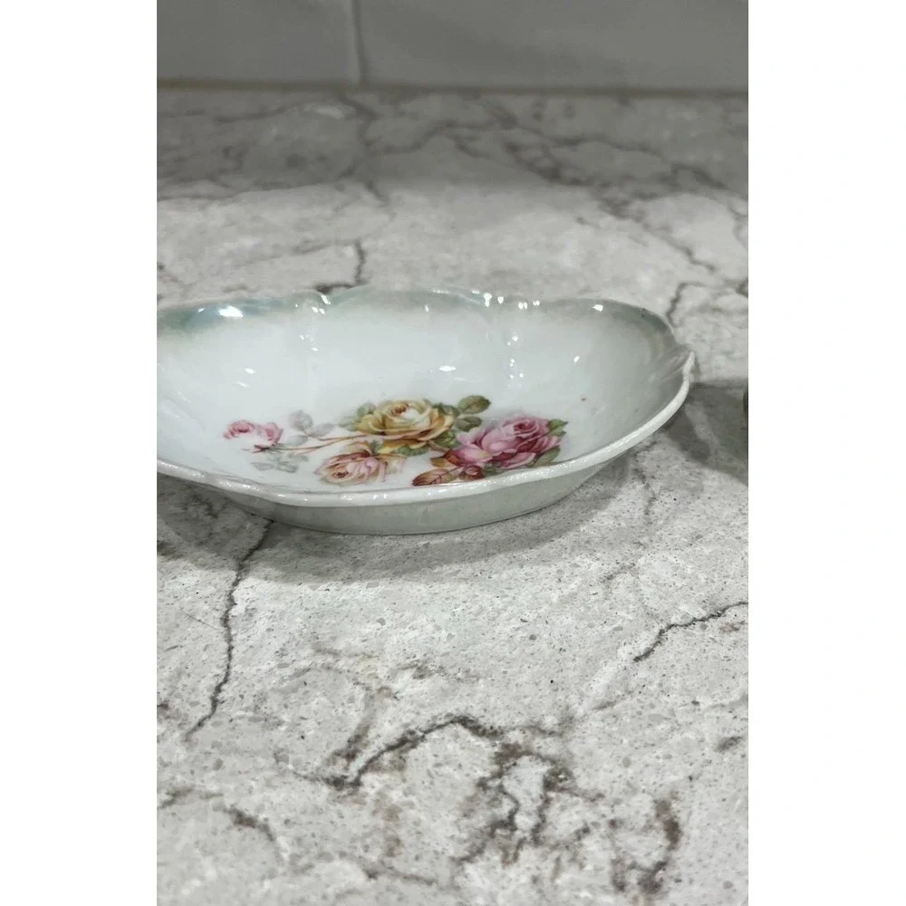 Vintage Made in Bavaria Porcelain Trinket Dish Floral Rose Scalloped Oval 6.25in